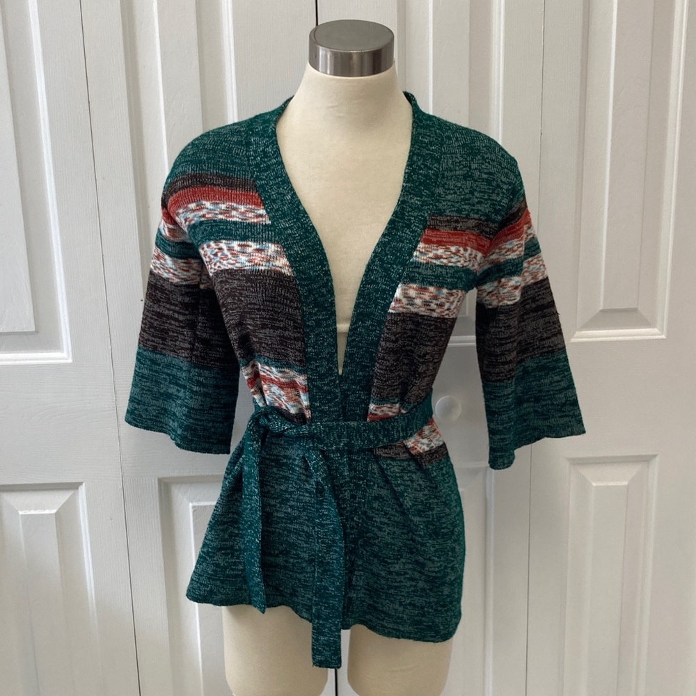 Vintage 70s Women's Teal and Multicolor Knit Sweater